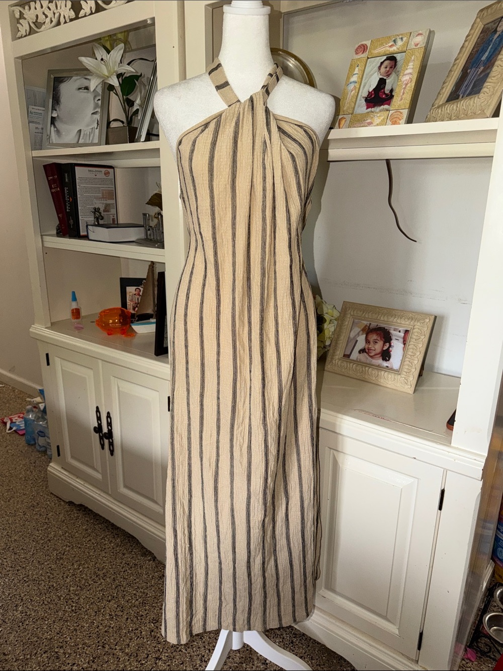 Striped Beige Halter Maxi Dress